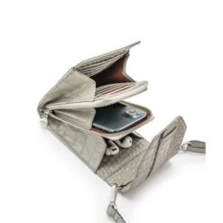 MOSZ Telefoontasje Croco Taupe Brushed Silver 7 MOSZ Telefoontasje Croco Taupe Brushed Silver -Tas Promotie Winkel 3. binnenkant taupe zilver